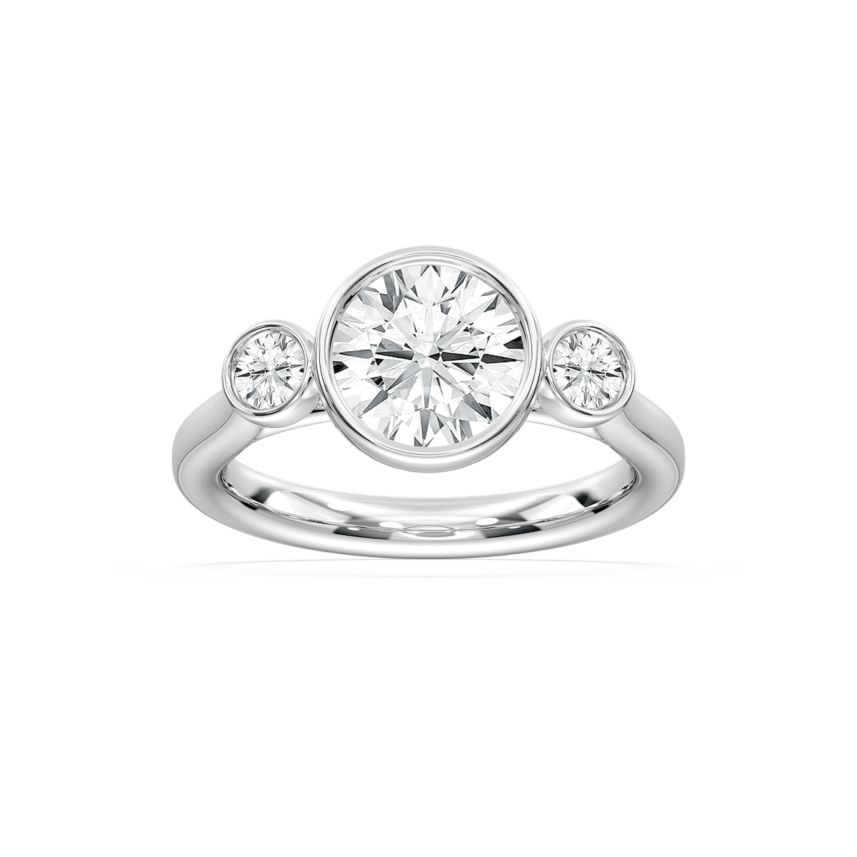 Nina 2 ½ ctw Round Lab Grown Diamond Bezel Set Three Stone Engagement Ring