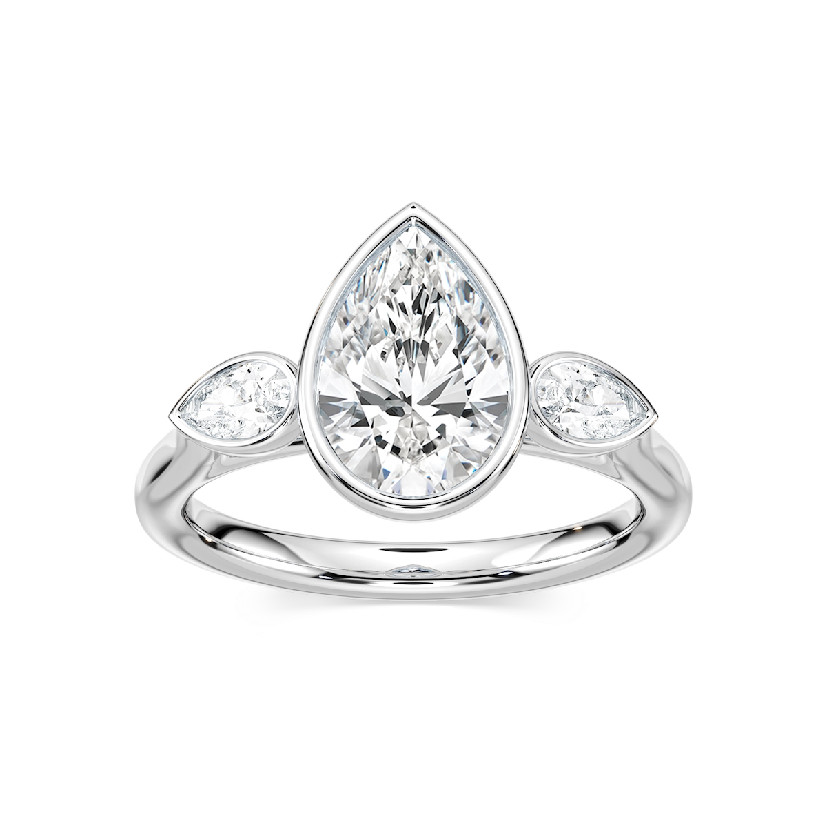 Nova 2 ½ ctw Pear Lab Grown Diamond Bezel Set Three Stone Engagement Ring