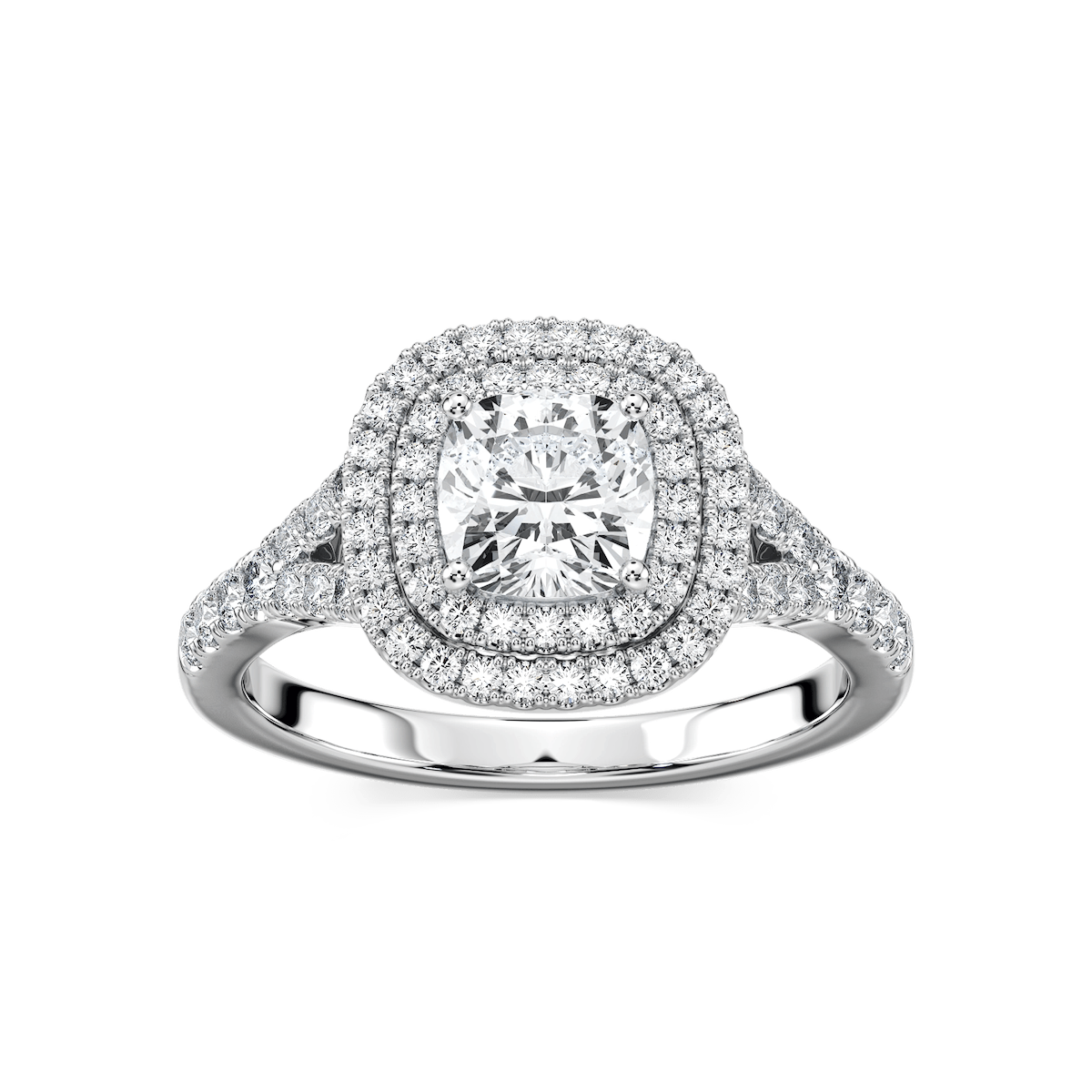 Novia Cushion Lab Grown Diamond Split Shank Double Halo Engagement Ring