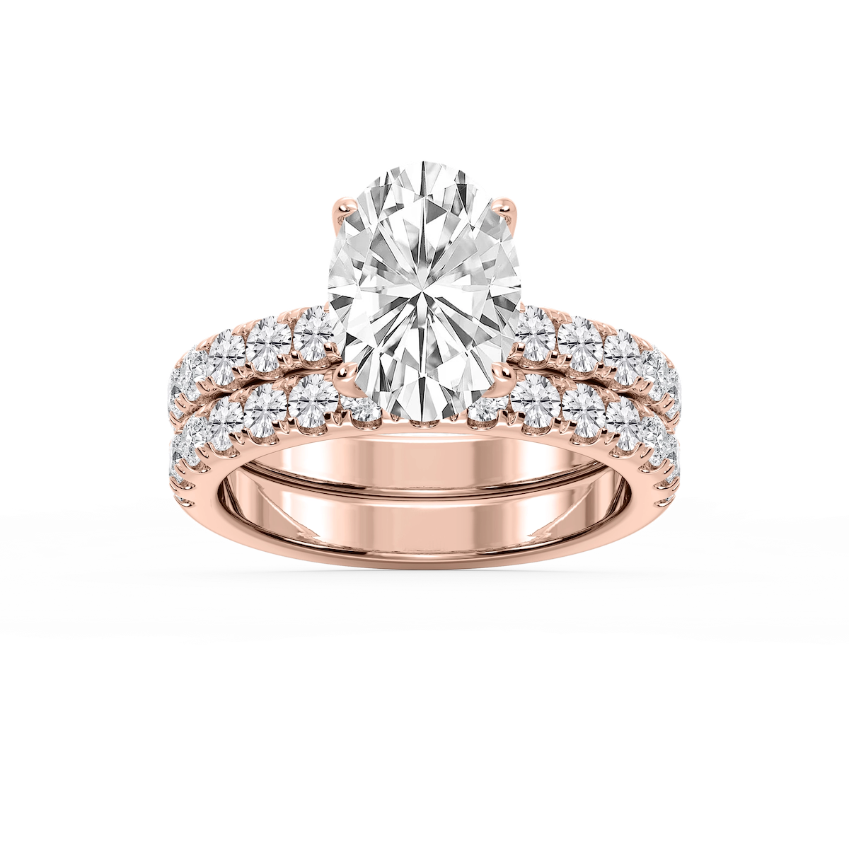 Olive Oval Lab Grown Diamond Classic Prong and Scooped Hidden Halo Wedding Set