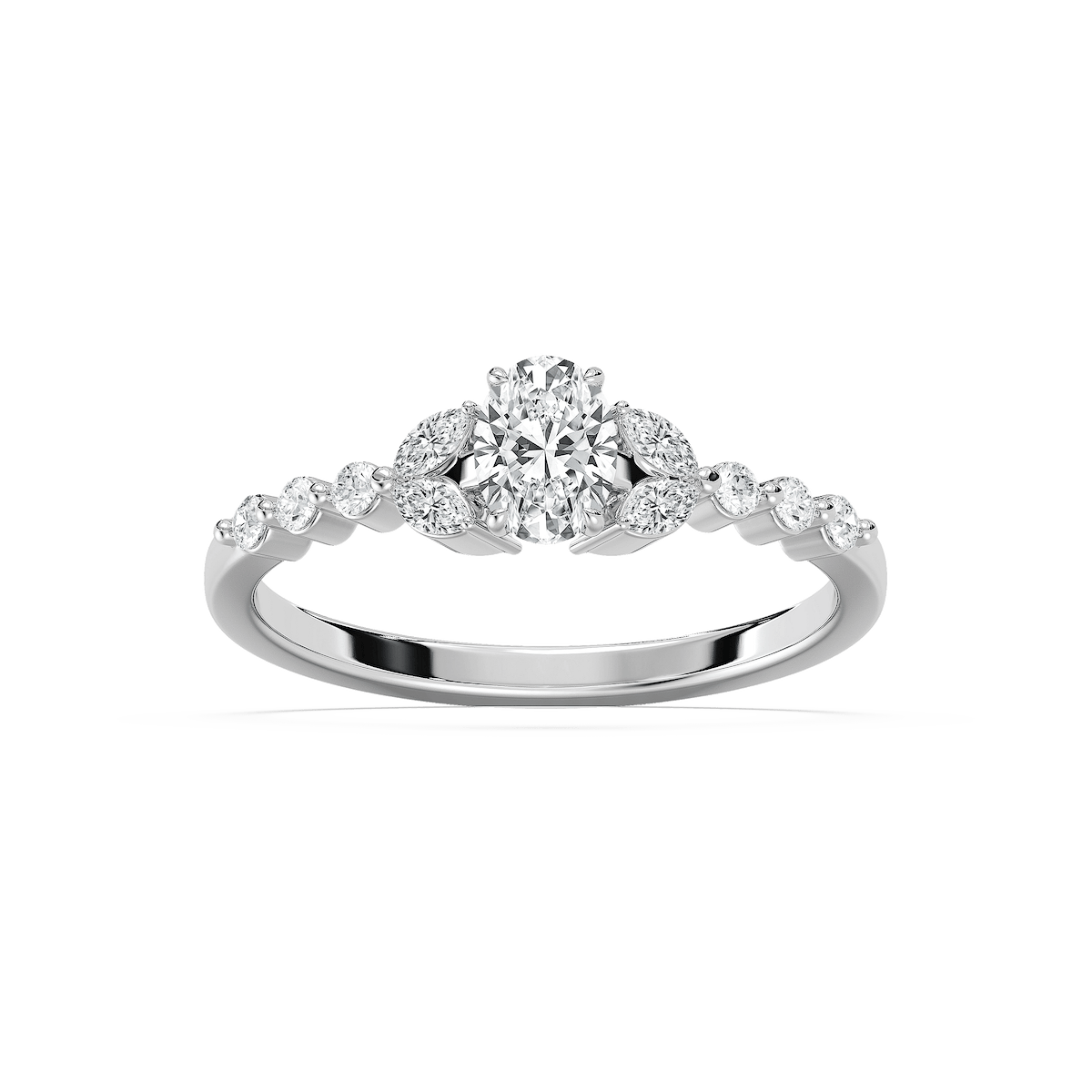 Oona 5/8 ctw Oval Lab Grown Diamond Petite Shared Prong Side Stone Engagement Ring
