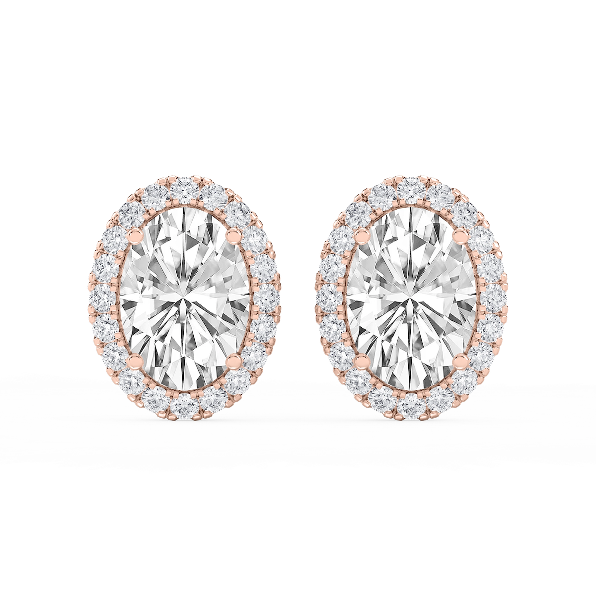 Oval Lab Grown Diamond Four Prong Basket Halo Stud Earrings