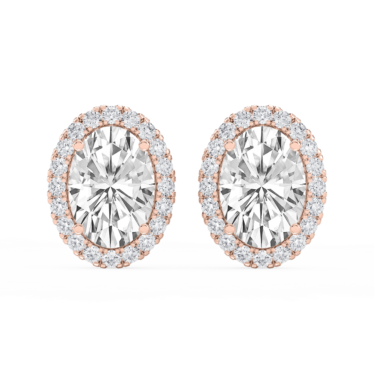 Oval Lab Grown Diamond Four Prong Basket Halo Stud Earrings