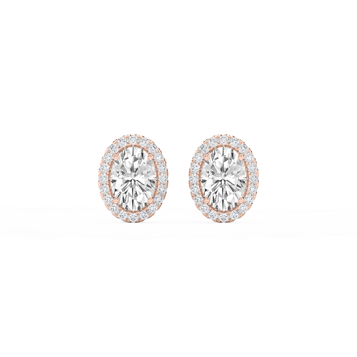 Oval Lab Grown Diamond Four Prong Basket Halo Stud Earrings
