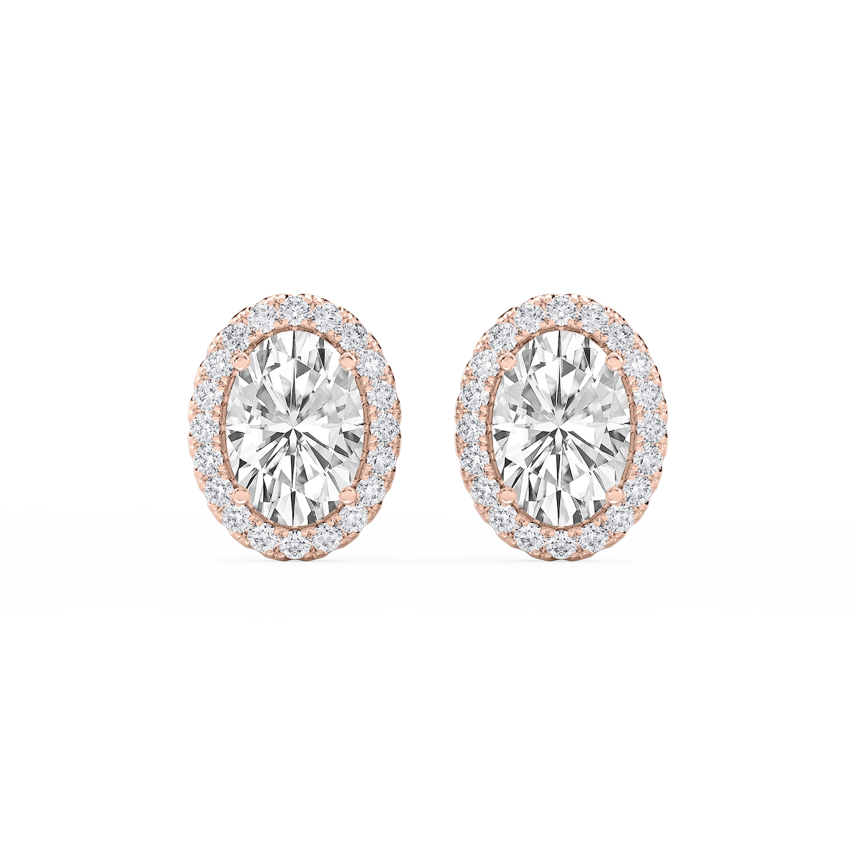 Oval Lab Grown Diamond Four Prong Basket Halo Stud Earrings
