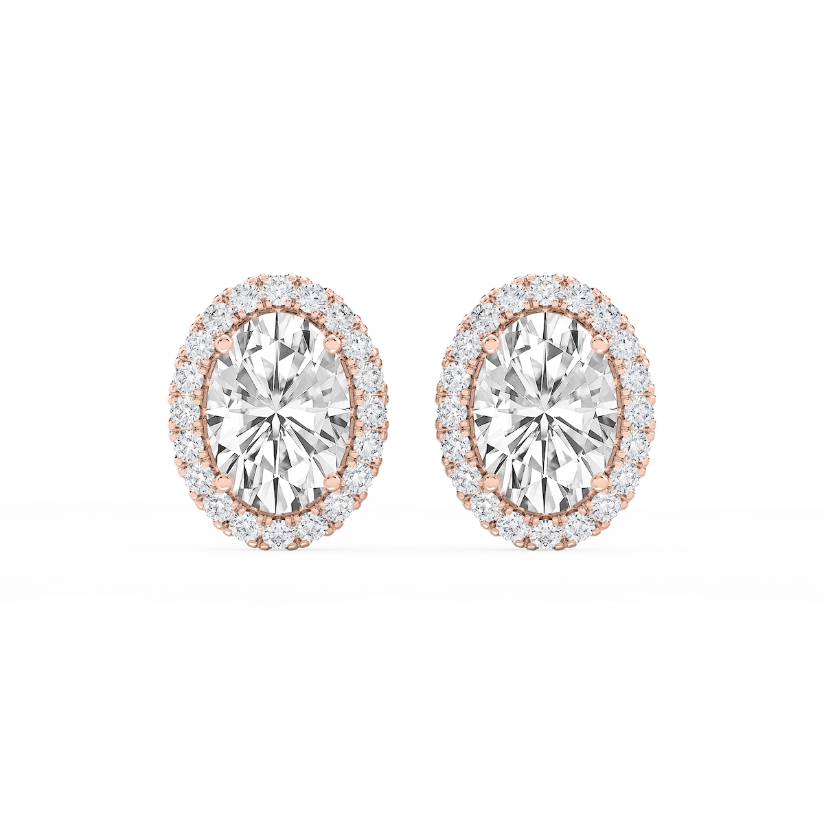 Oval Lab Grown Diamond Four Prong Basket Halo Stud Earrings