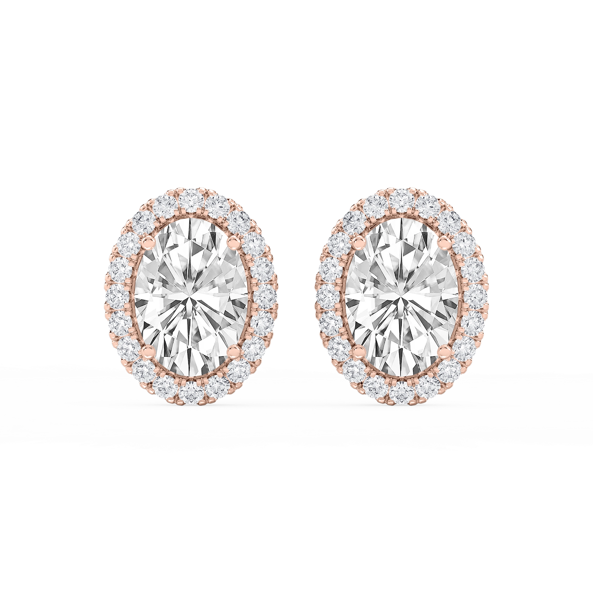 Oval Lab Grown Diamond Four Prong Basket Halo Stud Earrings