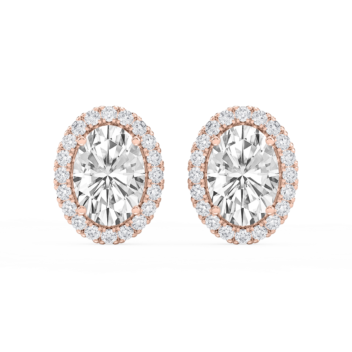 Oval Lab Grown Diamond Four Prong Basket Halo Stud Earrings