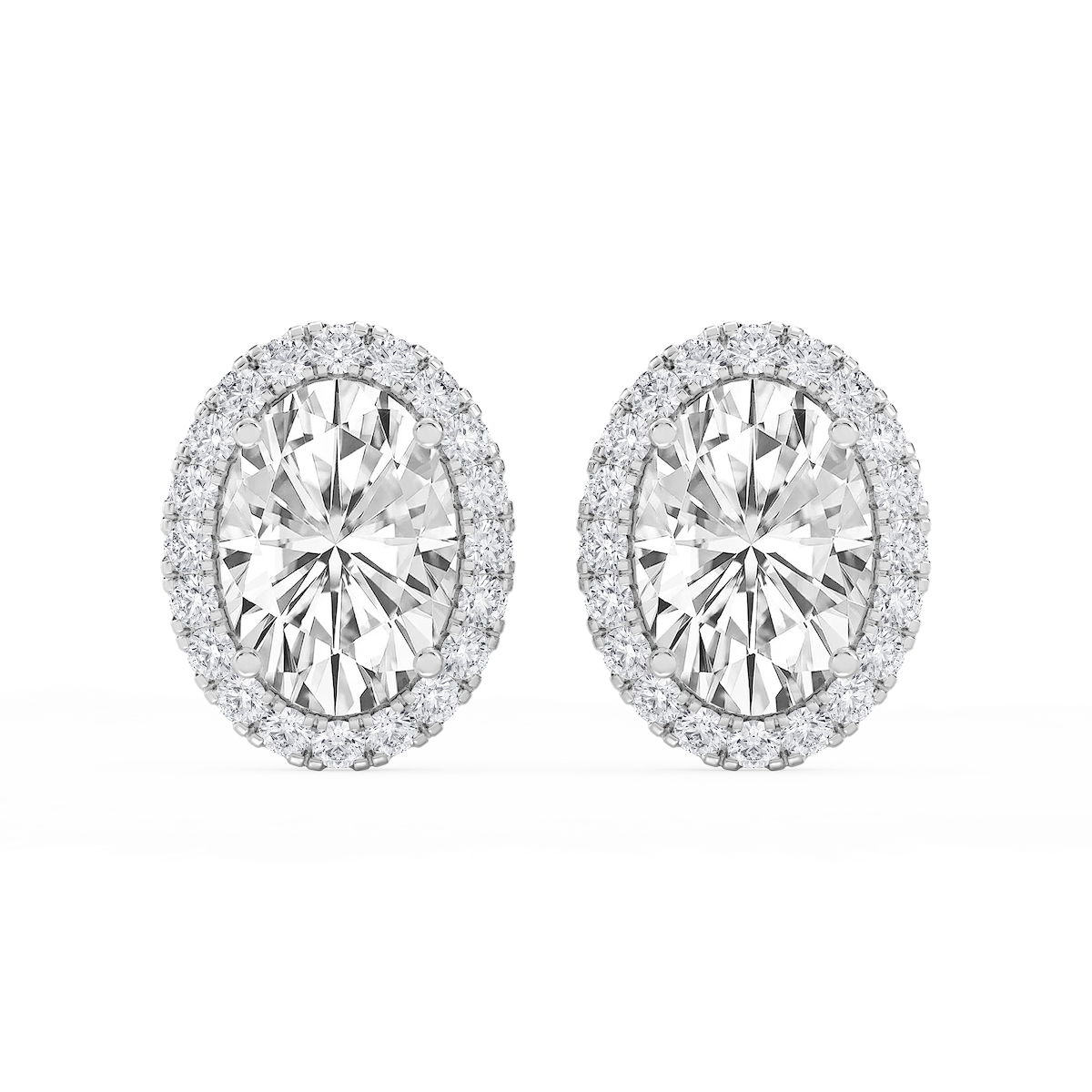 Oval Lab Grown Diamond Four Prong Basket Halo Stud Earrings