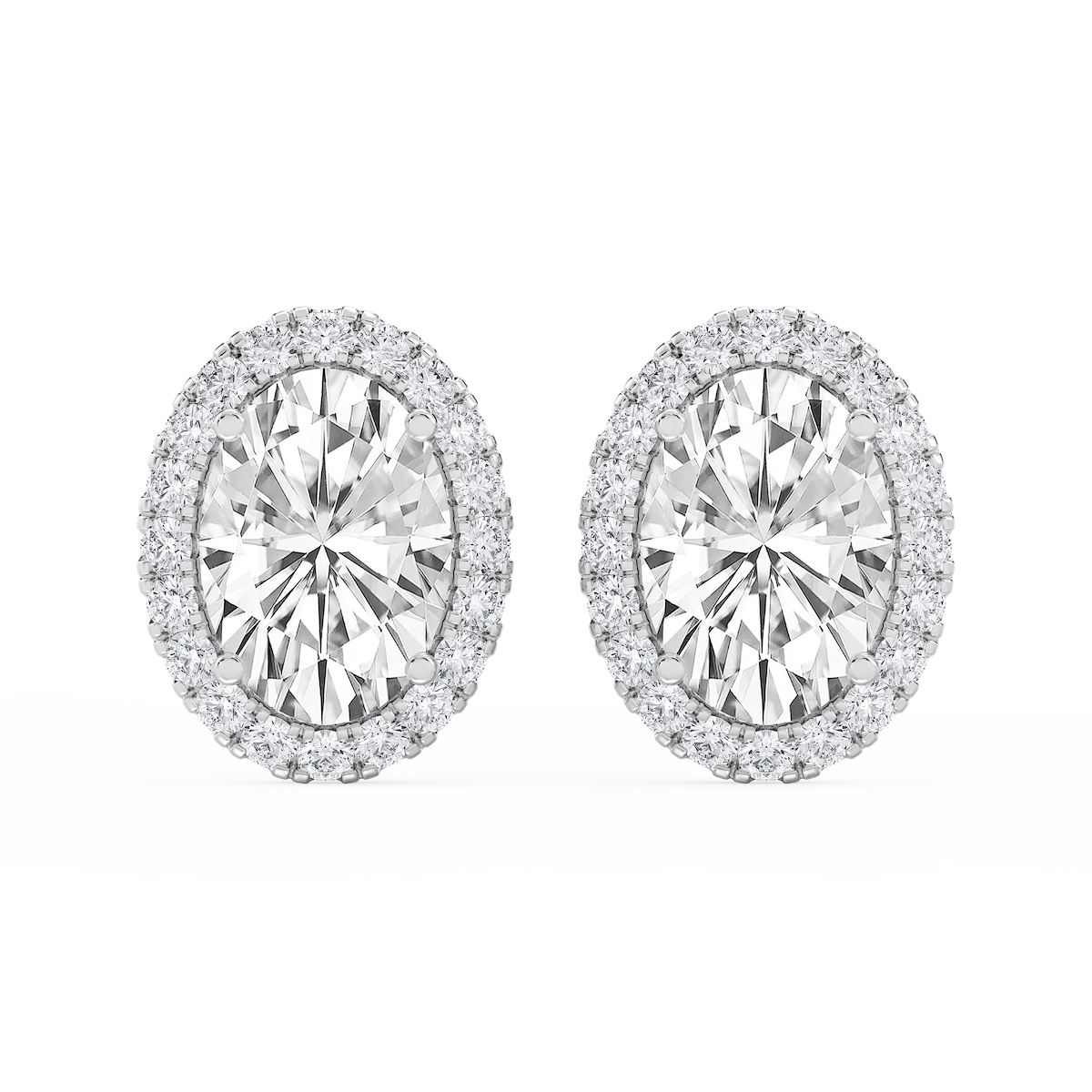 Oval Lab Grown Diamond Four Prong Basket Halo Stud Earrings