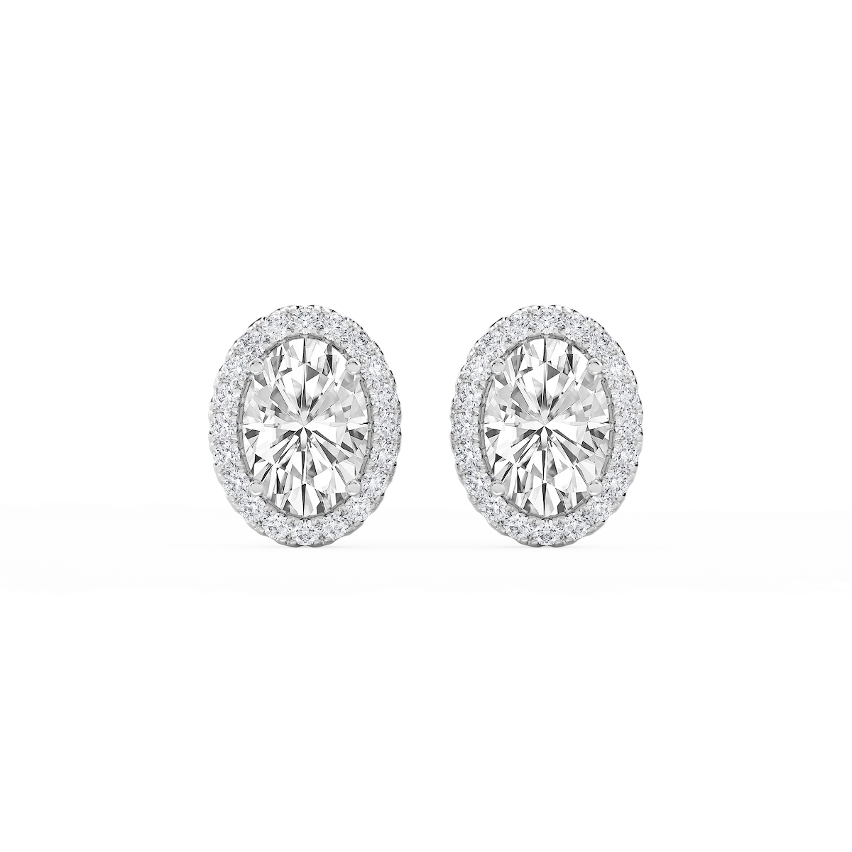 Oval Lab Grown Diamond Four Prong Basket Halo Stud Earrings