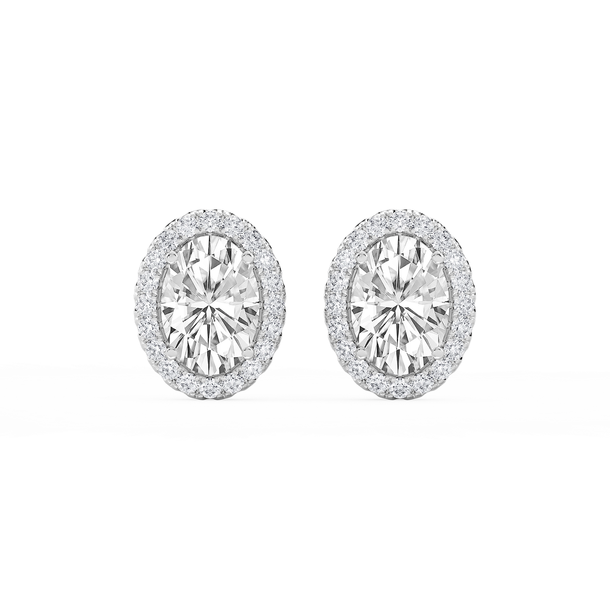 Oval Lab Grown Diamond Four Prong Basket Halo Stud Earrings