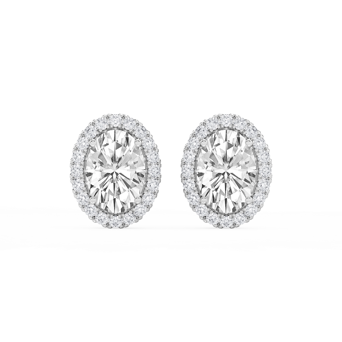 Oval Lab Grown Diamond Four Prong Basket Halo Stud Earrings
