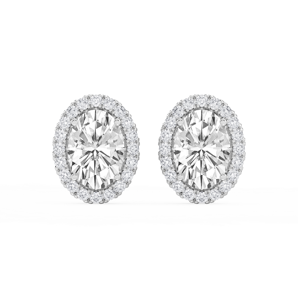 Oval Lab Grown Diamond Four Prong Basket Halo Stud Earrings