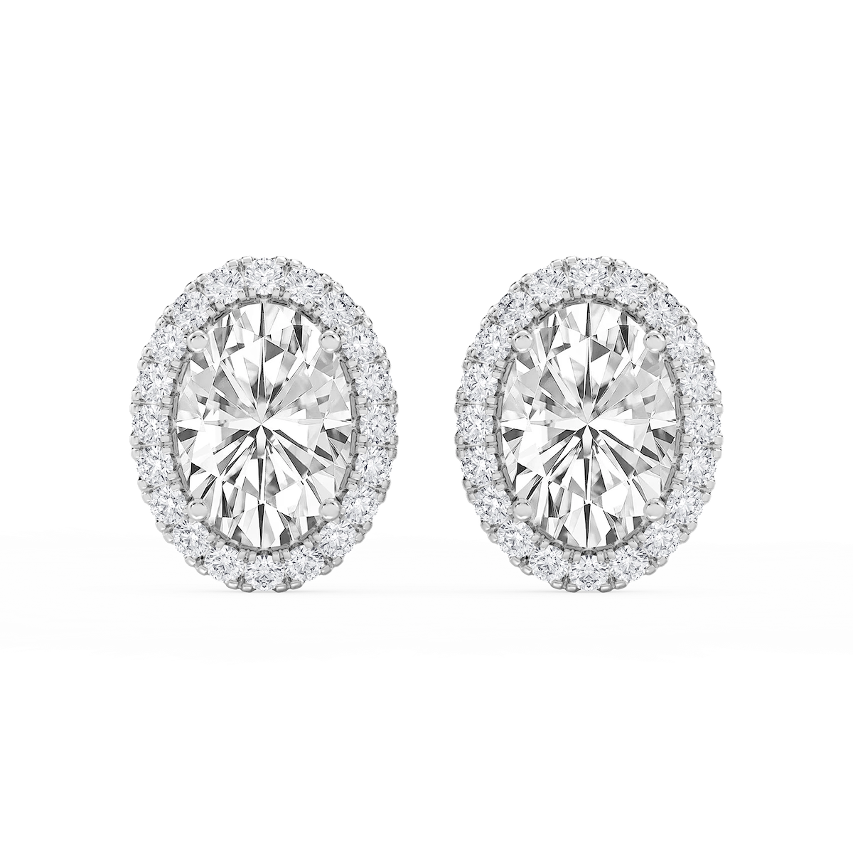 Oval Lab Grown Diamond Four Prong Basket Halo Stud Earrings