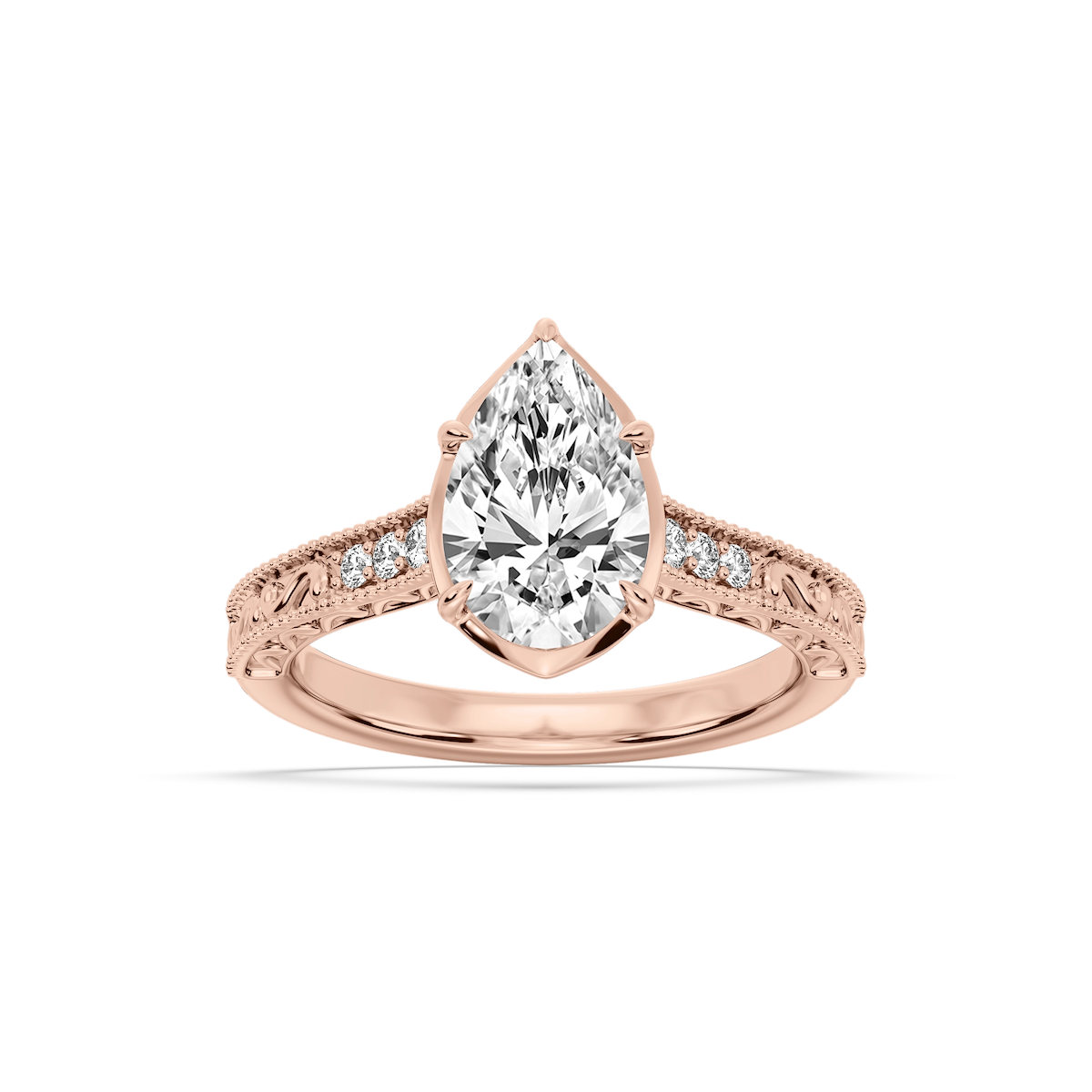 Paige Pear Lab Grown Diamond Vintage Bezel and Scroll Side Stone Engagement Ring