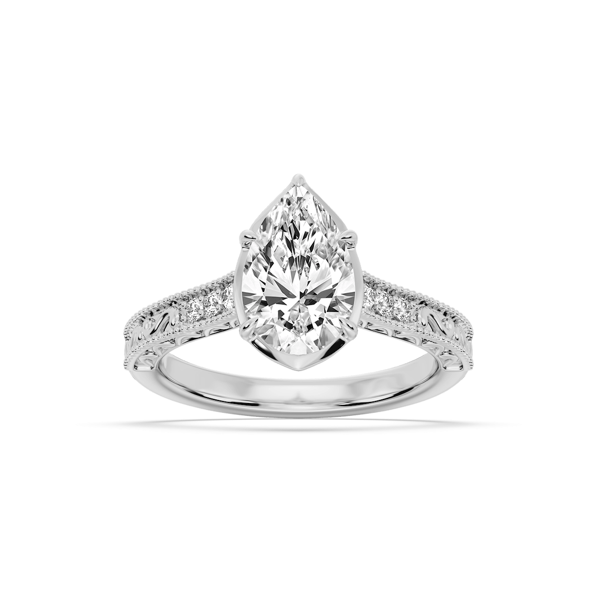 Paige Pear Lab Grown Diamond Vintage Bezel and Scroll Side Stone Engagement Ring