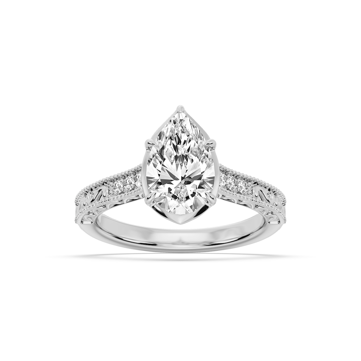 Paige Pear Lab Grown Diamond Vintage Bezel and Scroll Side Stone Engagement Ring