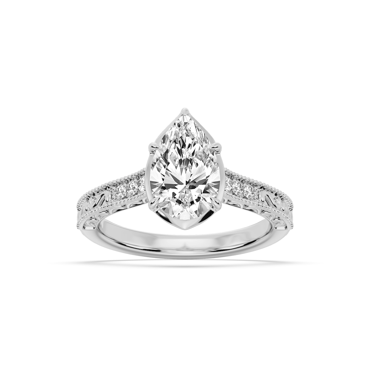 Paige Pear Lab Grown Diamond Vintage Bezel and Scroll Side Stone Engagement Ring