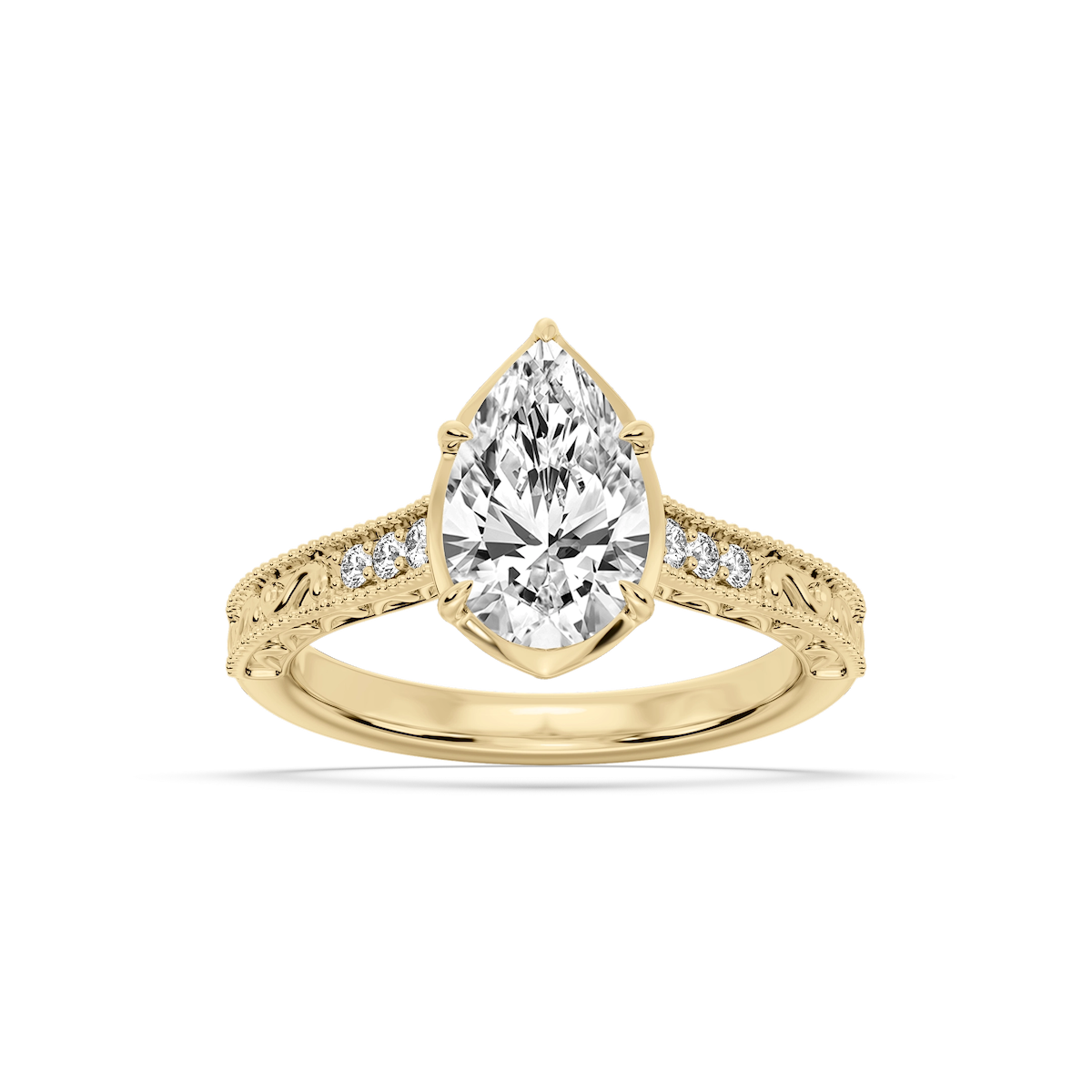 Paige Pear Lab Grown Diamond Vintage Bezel and Scroll Side Stone Engagement Ring