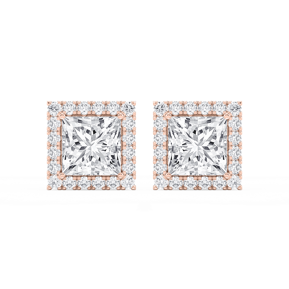 Princess Lab Grown Diamond Four Prong Basket Halo Stud Earrings