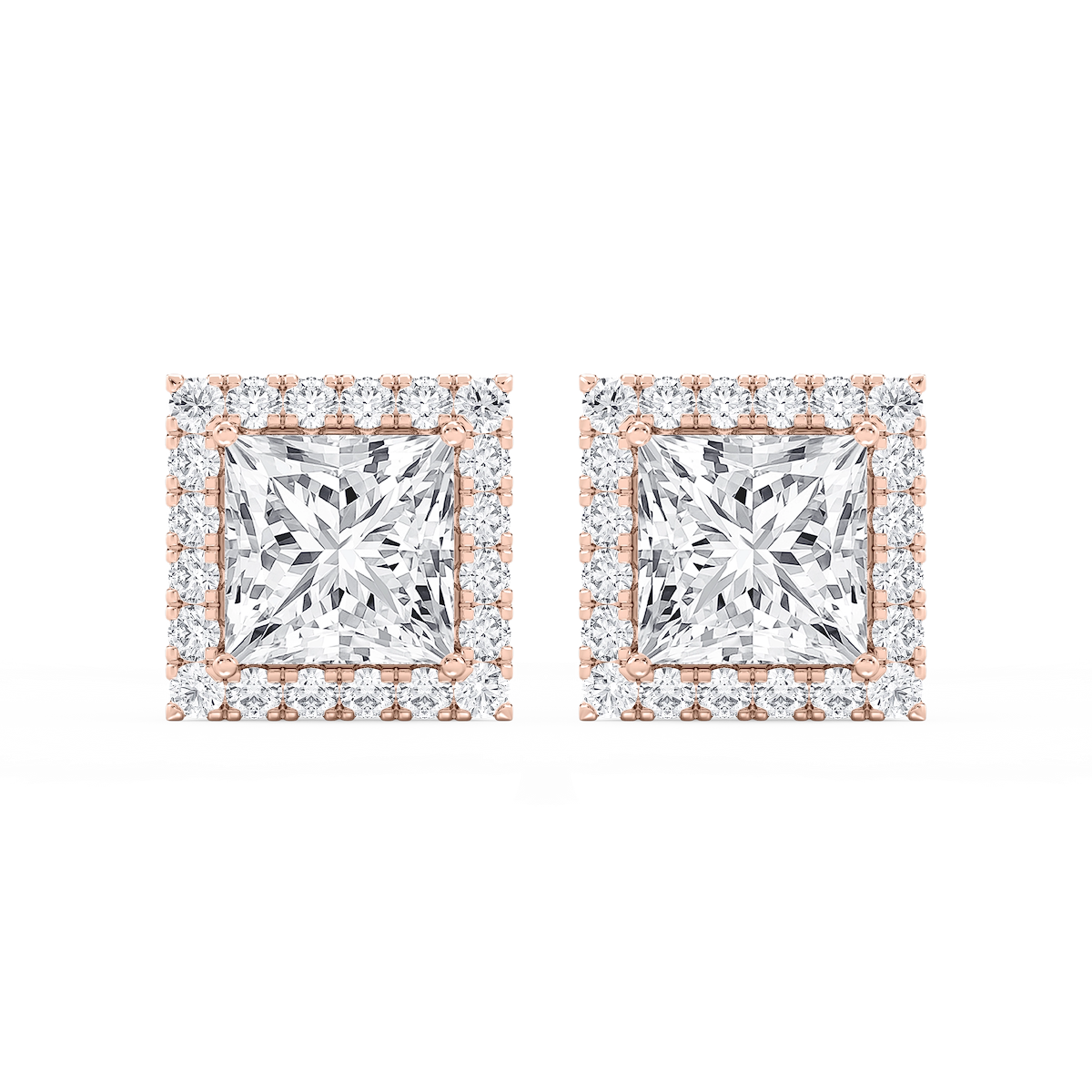 Princess Lab Grown Diamond Four Prong Basket Halo Stud Earrings