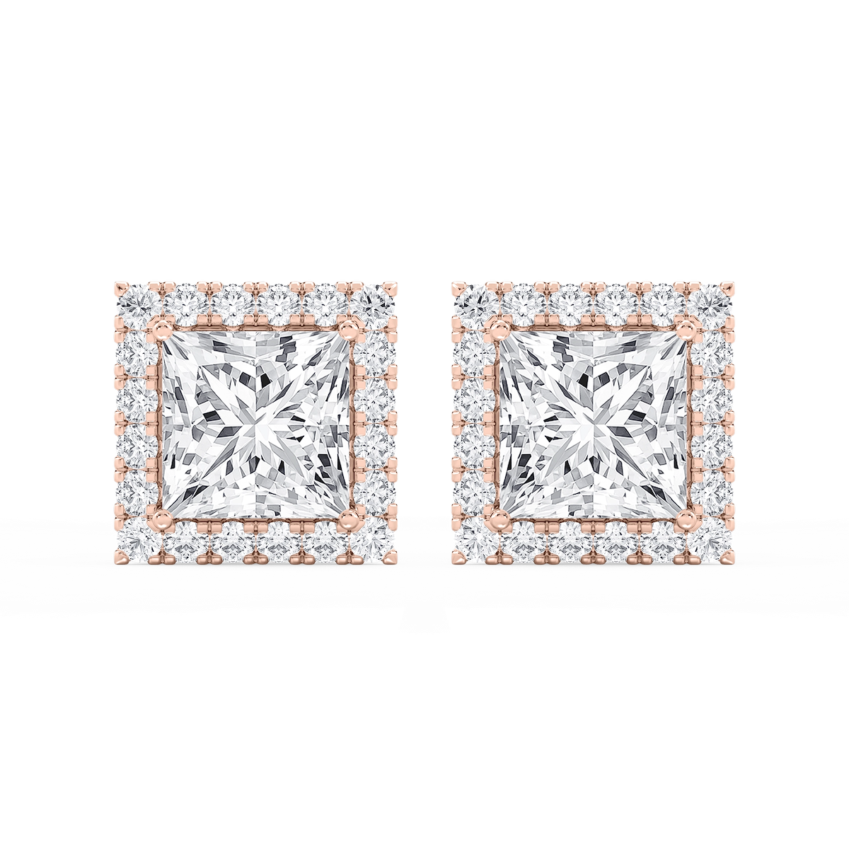Princess Lab Grown Diamond Four Prong Basket Halo Stud Earrings