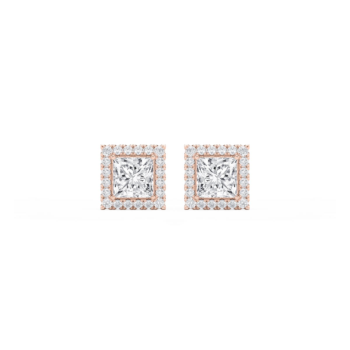 Princess Lab Grown Diamond Four Prong Basket Halo Stud Earrings
