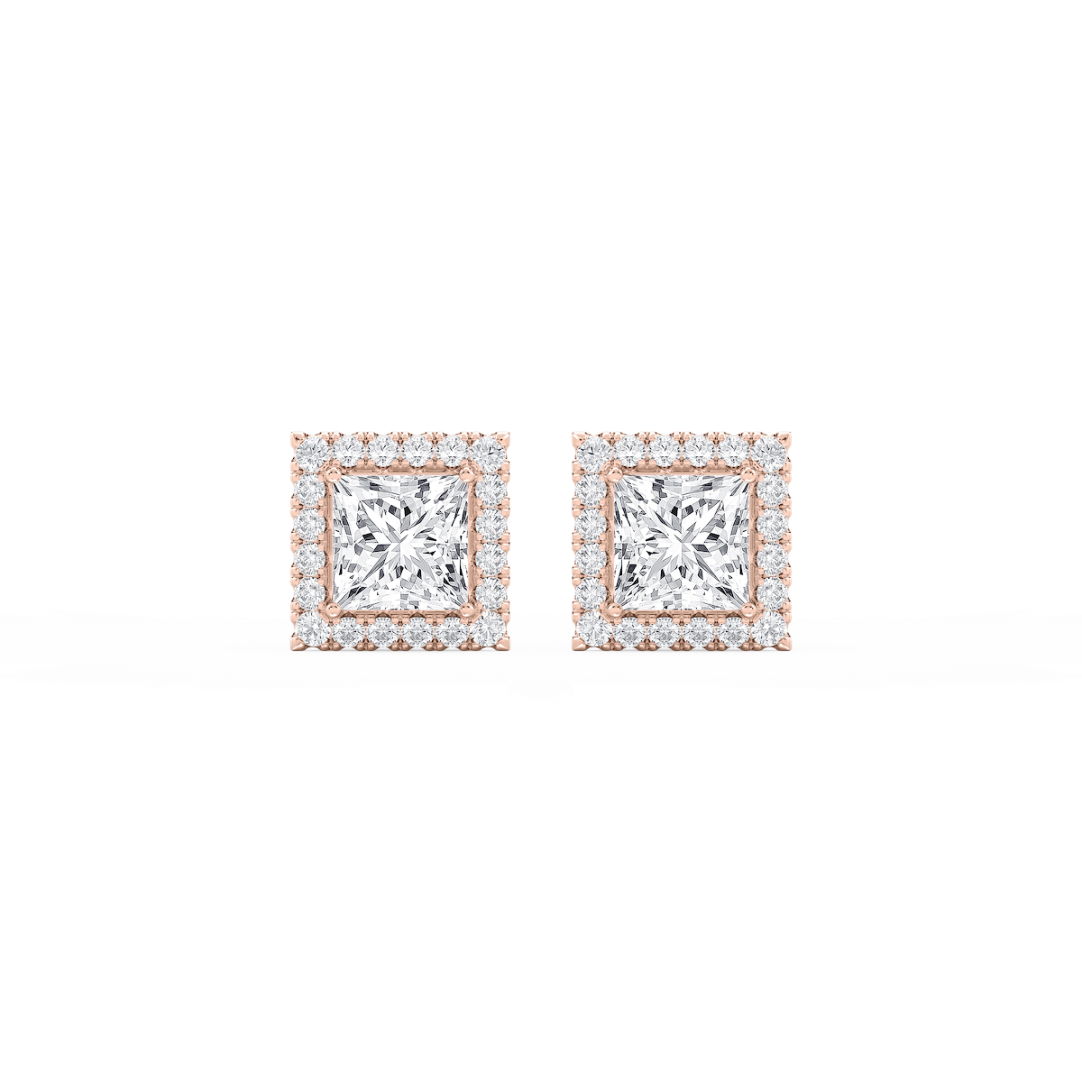Princess Lab Grown Diamond Four Prong Basket Halo Stud Earrings