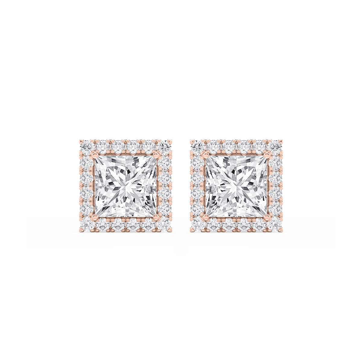 Princess Lab Grown Diamond Four Prong Basket Halo Stud Earrings