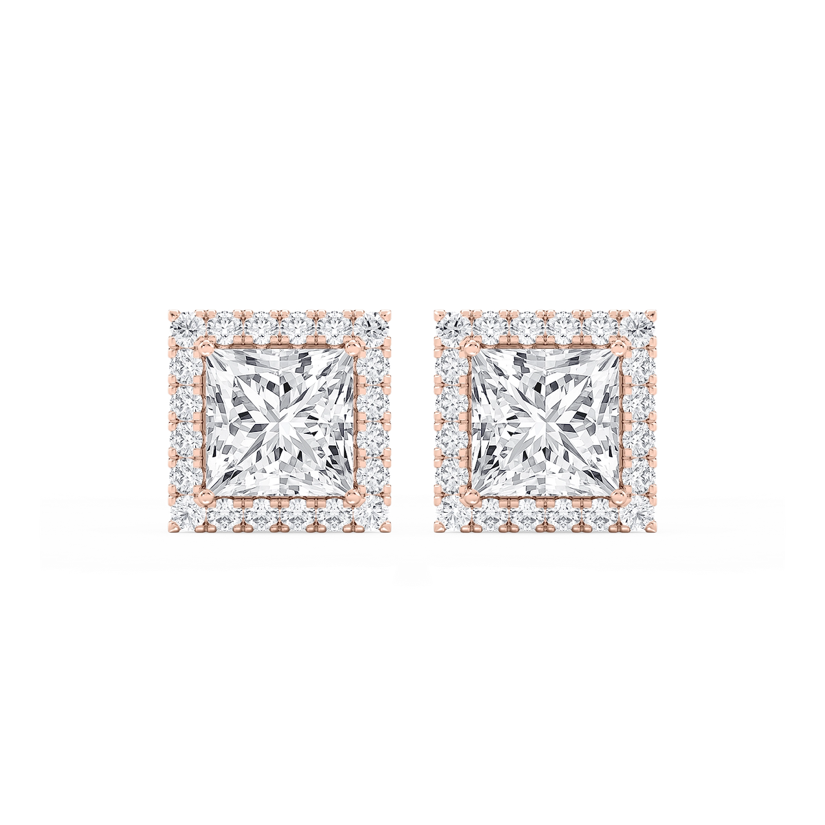 Princess Lab Grown Diamond Four Prong Basket Halo Stud Earrings