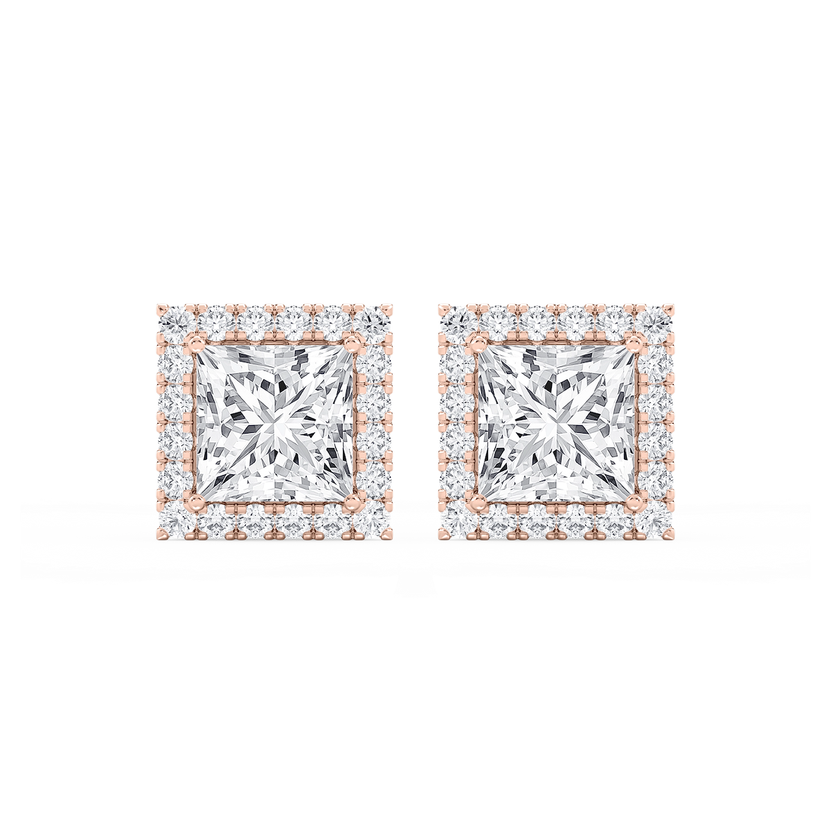 Princess Lab Grown Diamond Four Prong Basket Halo Stud Earrings