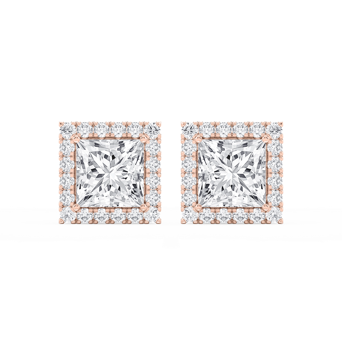 Princess Lab Grown Diamond Four Prong Basket Halo Stud Earrings