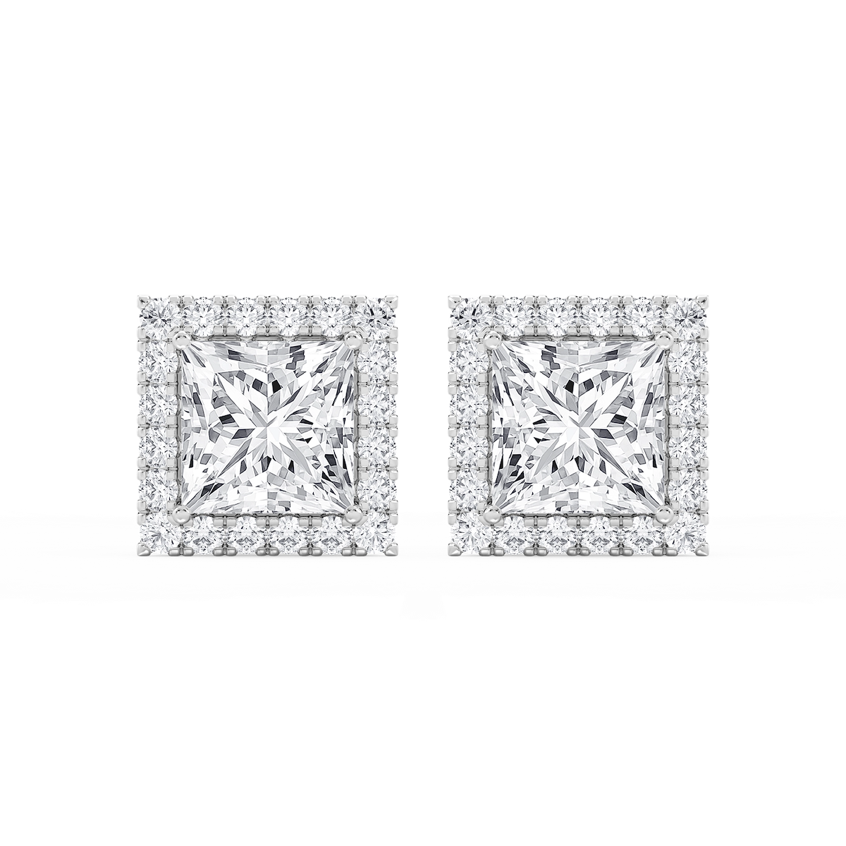 Princess Lab Grown Diamond Four Prong Basket Halo Stud Earrings