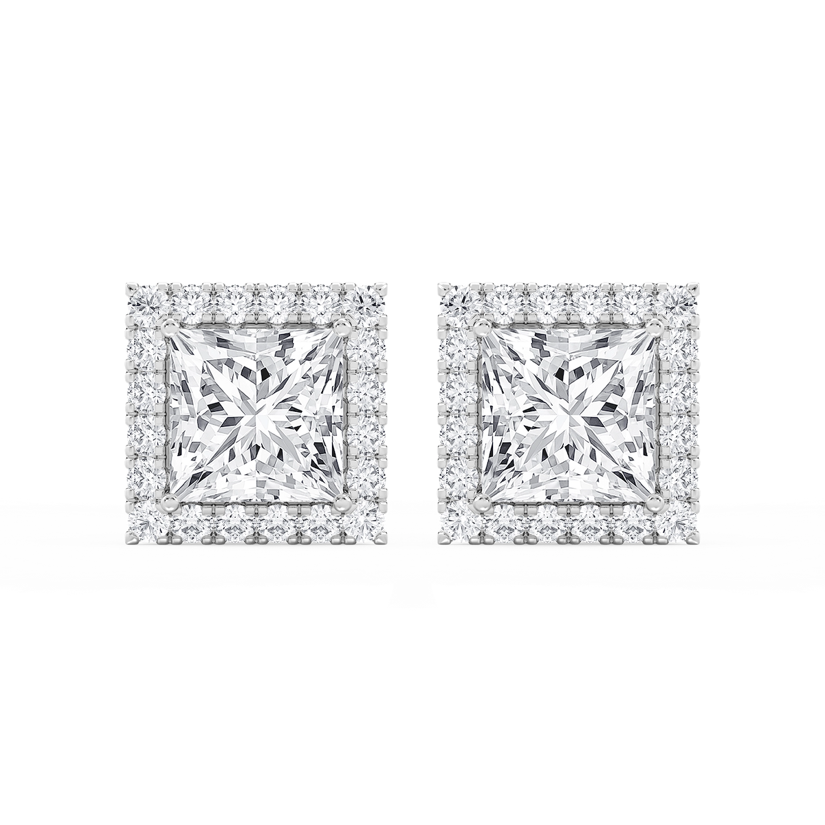 Princess Lab Grown Diamond Four Prong Basket Halo Stud Earrings