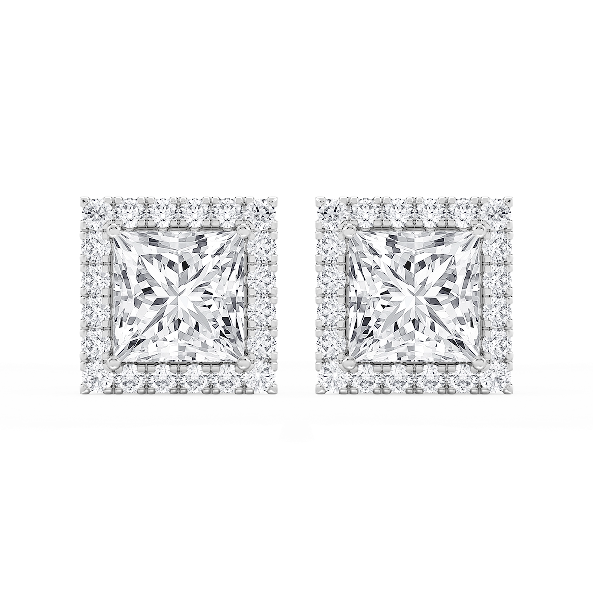 Princess Lab Grown Diamond Four Prong Basket Halo Stud Earrings