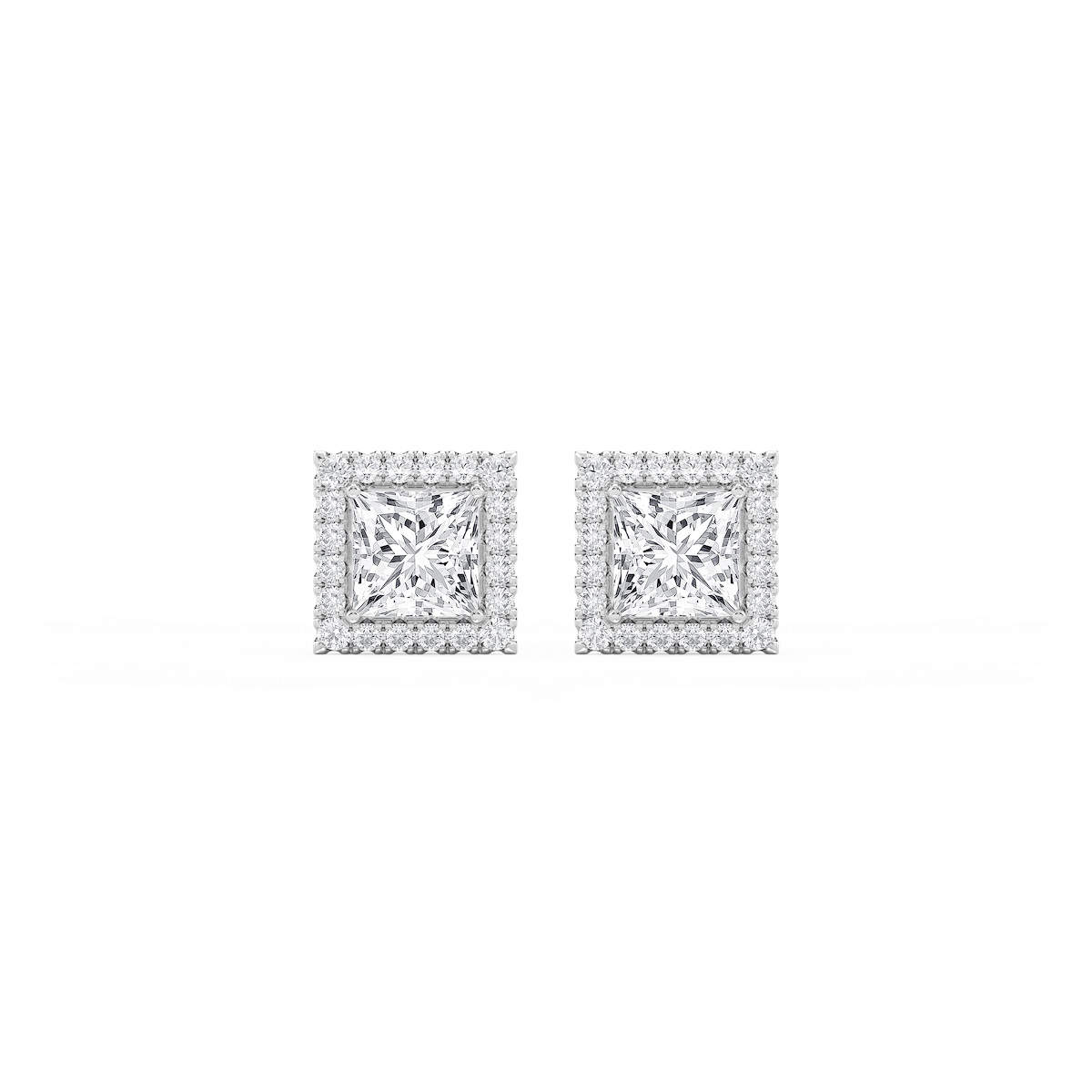 Princess Lab Grown Diamond Four Prong Basket Halo Stud Earrings