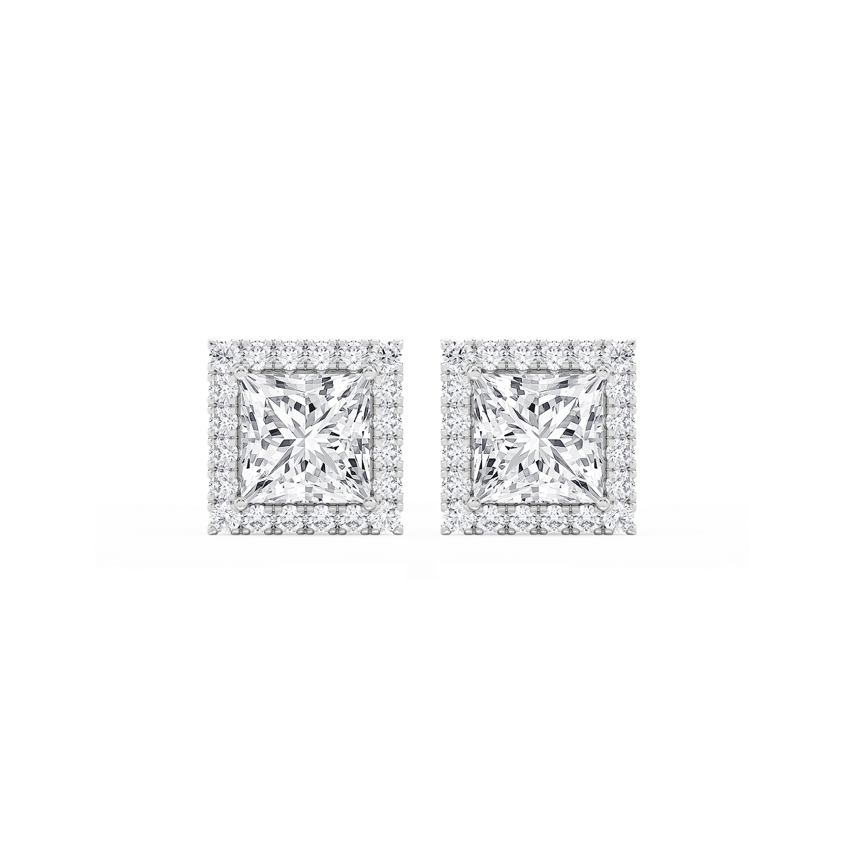 Princess Lab Grown Diamond Four Prong Basket Halo Stud Earrings