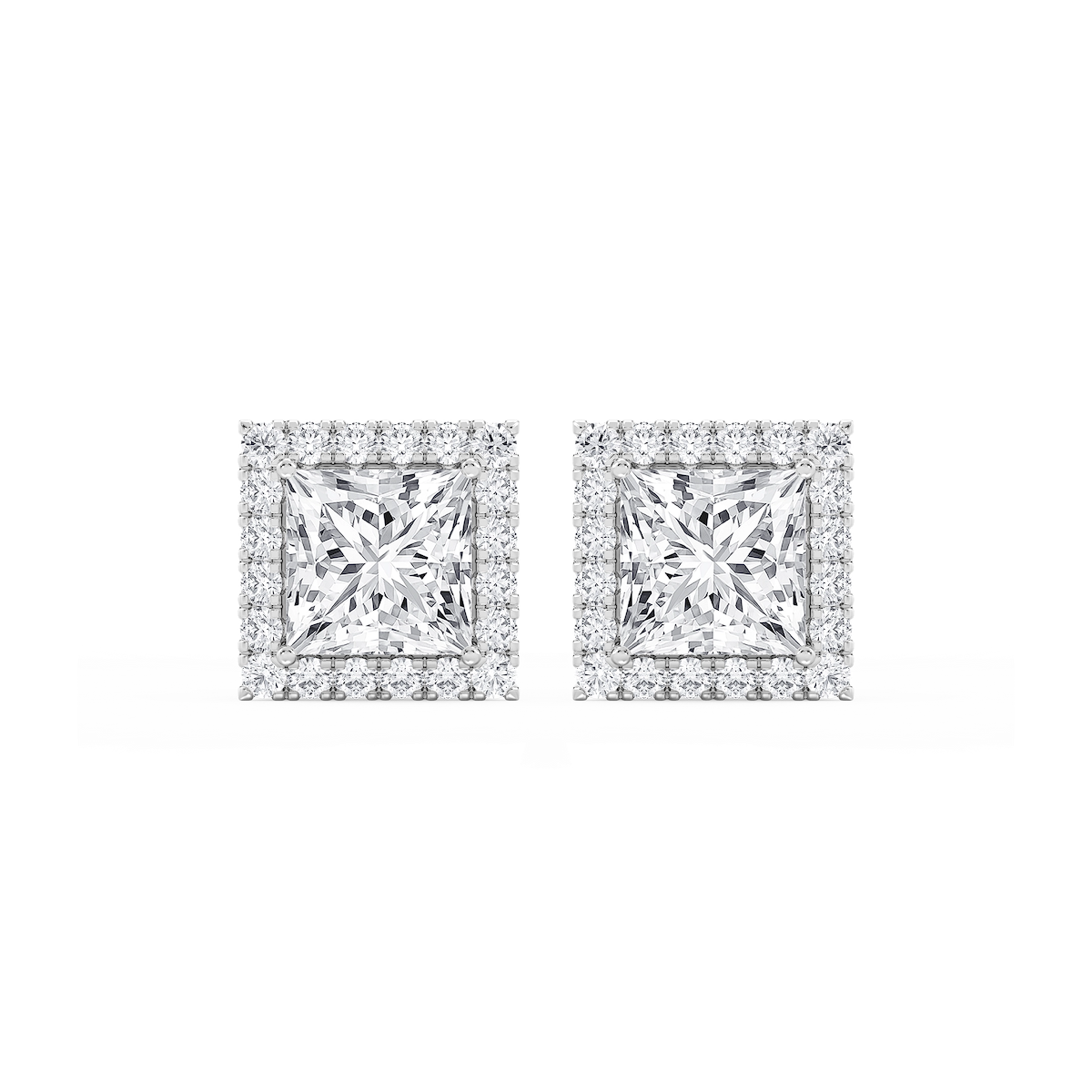 Princess Lab Grown Diamond Four Prong Basket Halo Stud Earrings