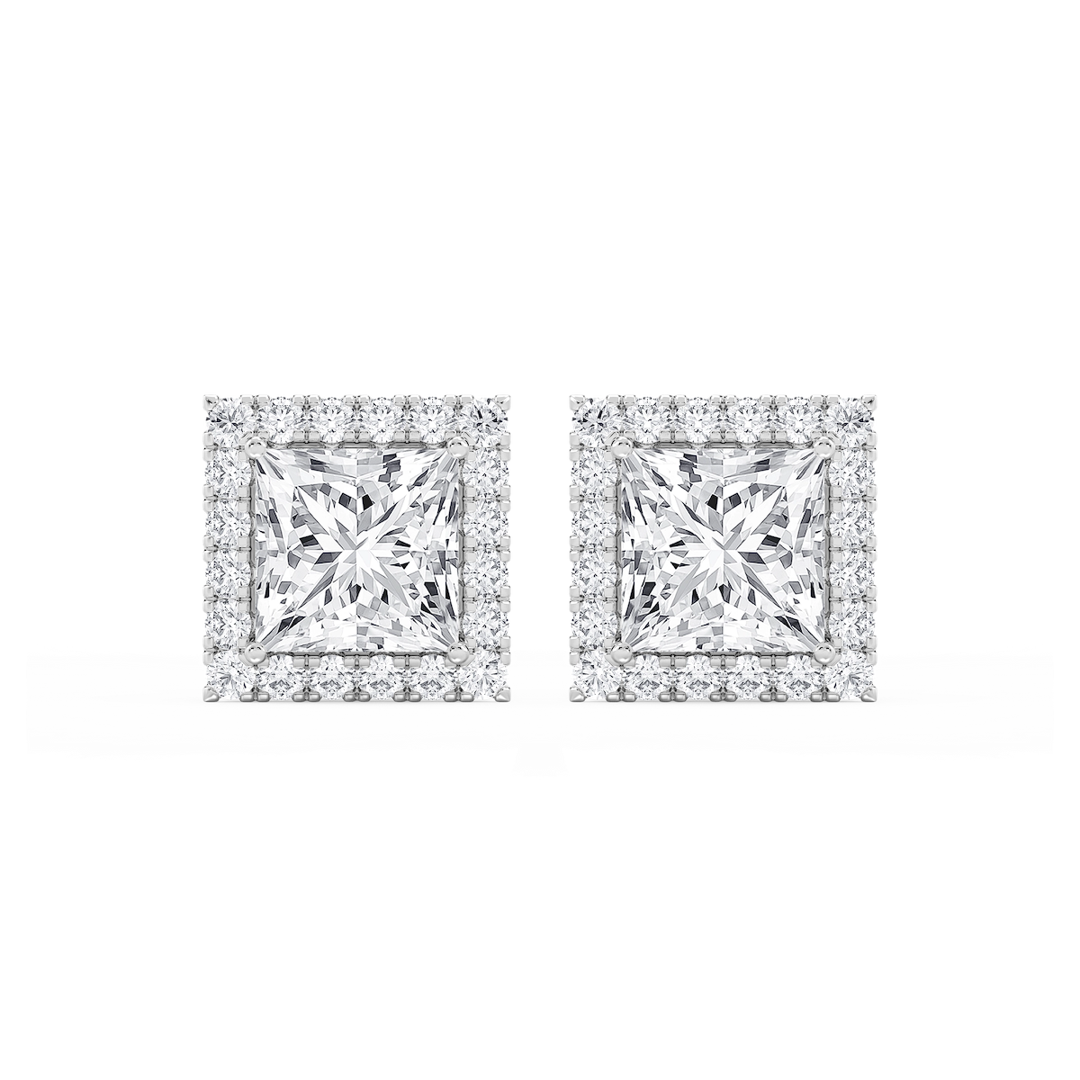 Princess Lab Grown Diamond Four Prong Basket Halo Stud Earrings