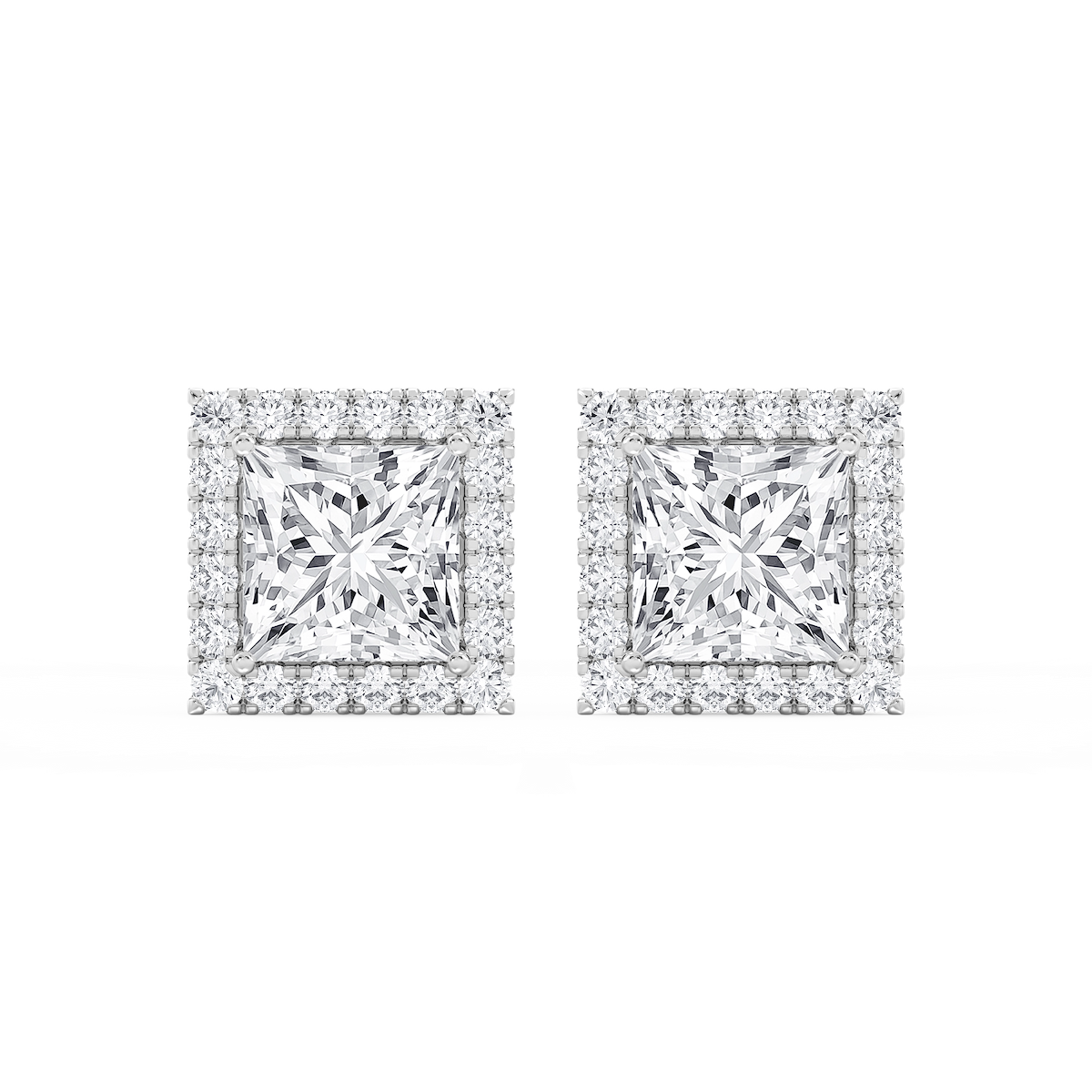 Princess Lab Grown Diamond Four Prong Basket Halo Stud Earrings