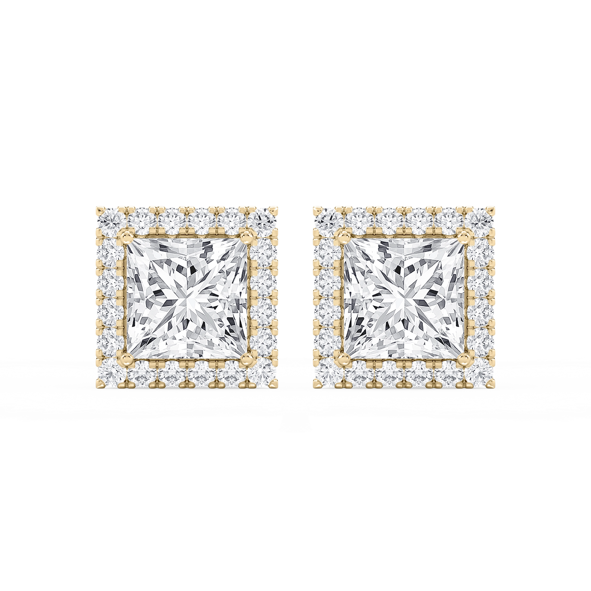 Princess Lab Grown Diamond Four Prong Basket Halo Stud Earrings