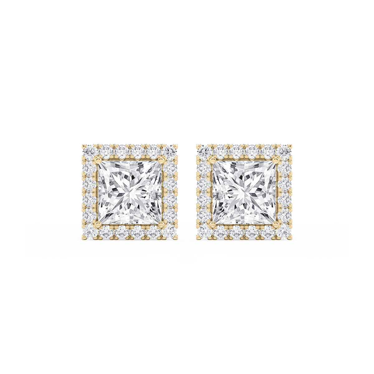 Princess Lab Grown Diamond Four Prong Basket Halo Stud Earrings