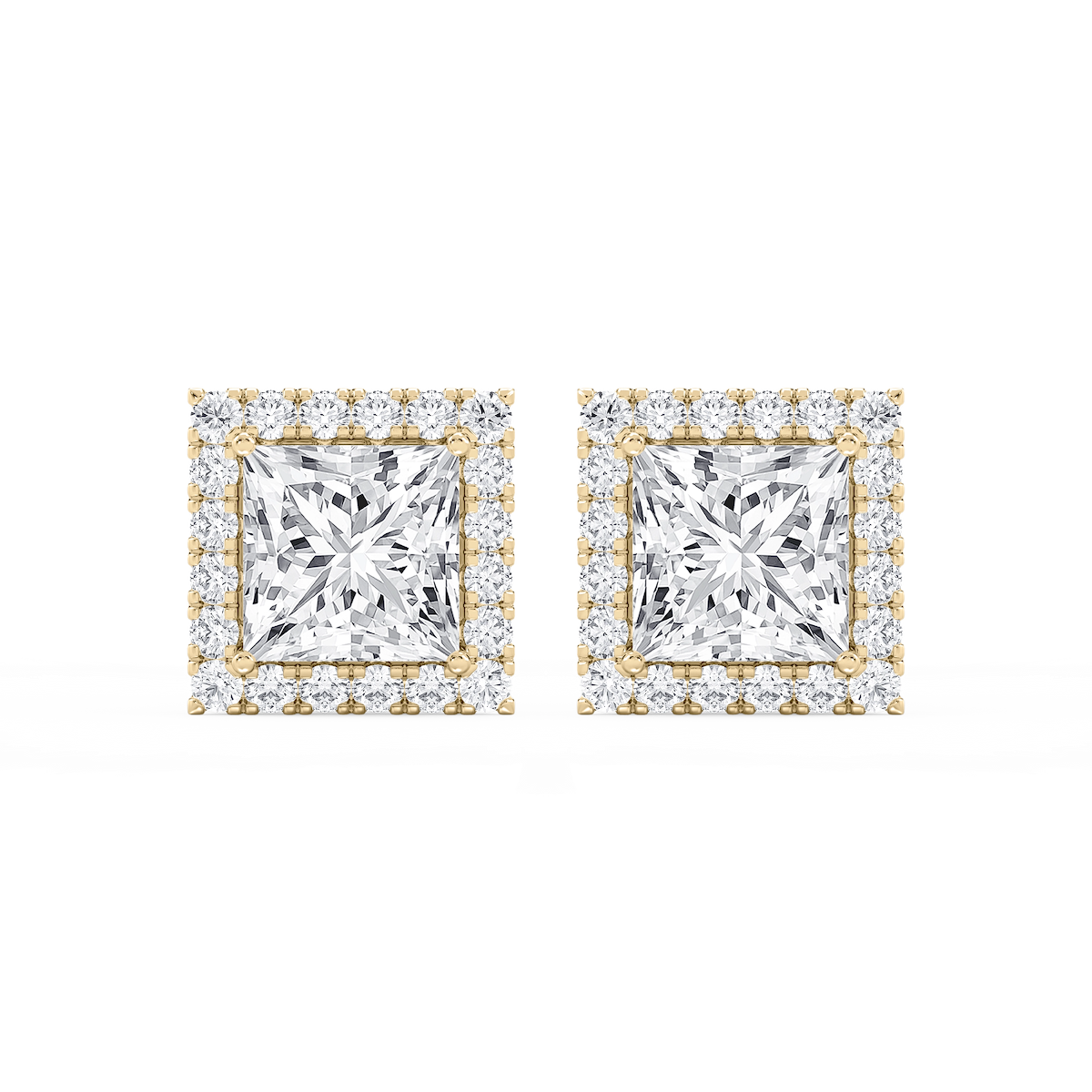 Princess Lab Grown Diamond Four Prong Basket Halo Stud Earrings