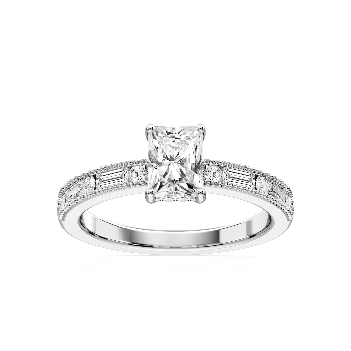 Rhianna Radiant Lab Grown Diamond Milgrain Channel Hidden Halo Engagement Ring