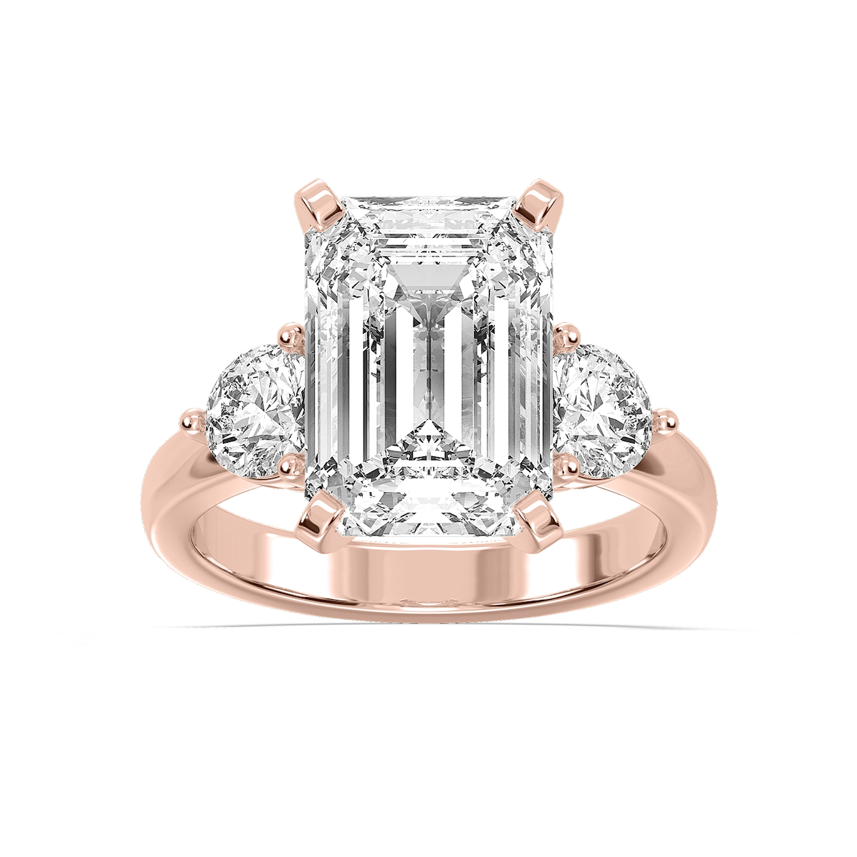 Savannah Emerald Lab Grown Diamond Round Sides Three Stone Engagement Ring
