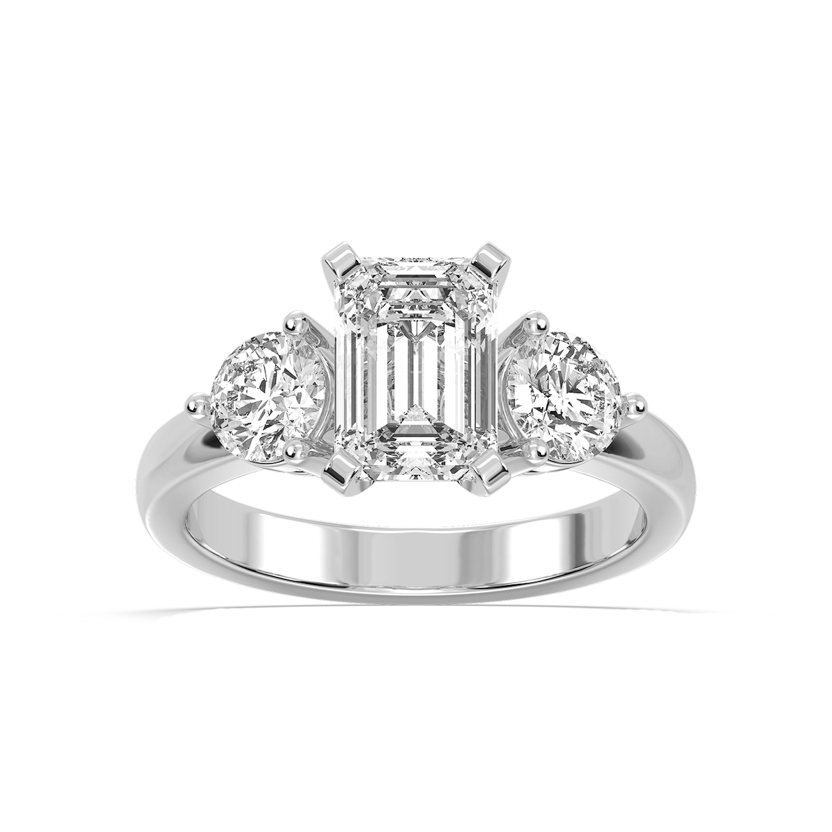 Savannah Emerald Lab Grown Diamond Round Sides Three Stone Engagement Ring