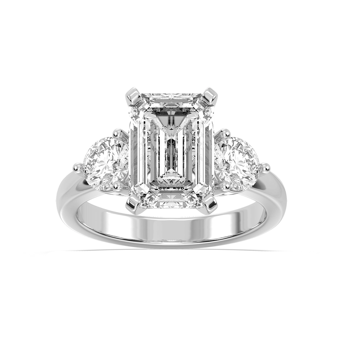 Savannah Emerald Lab Grown Diamond Round Sides Three Stone Engagement Ring