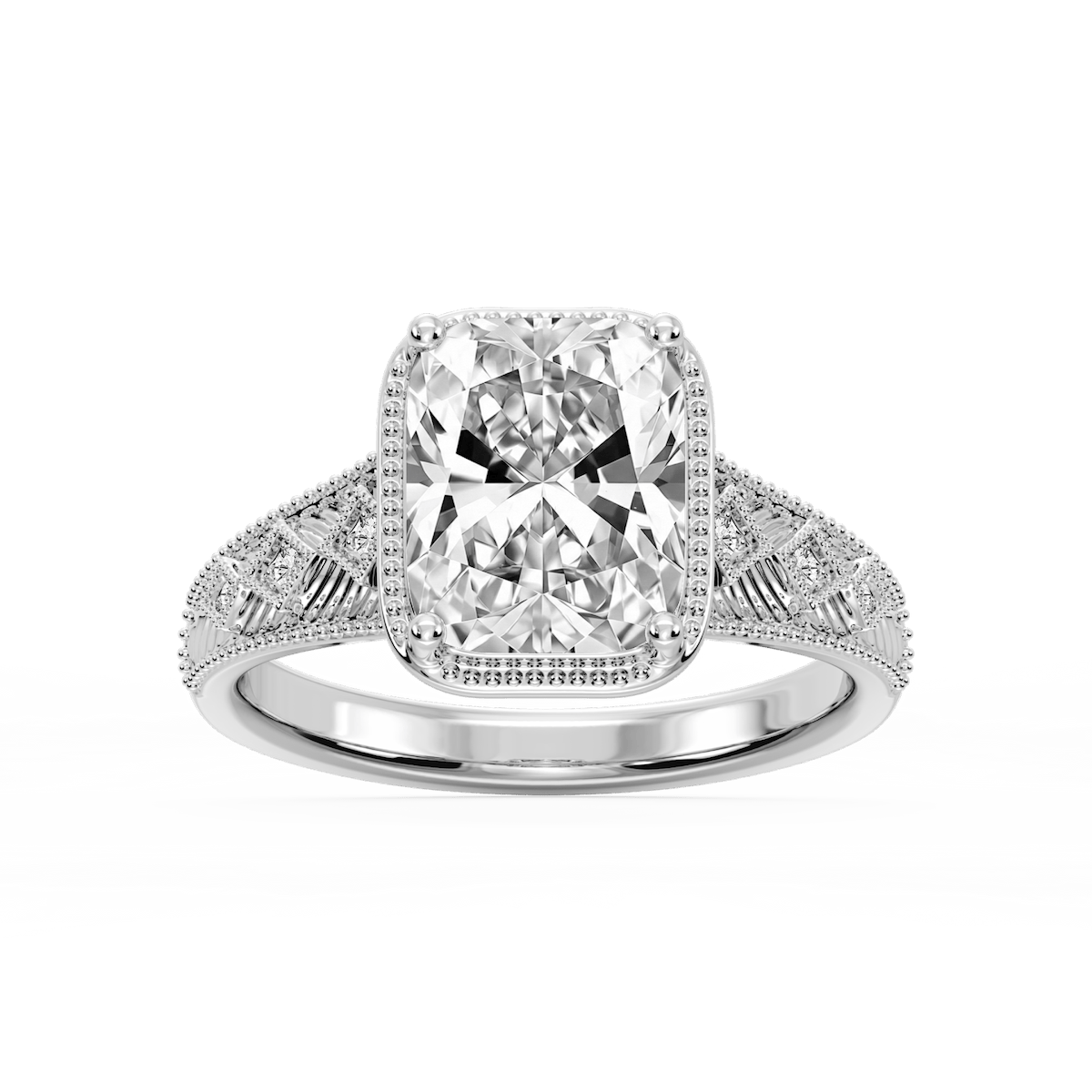 Sylvia Old Mine Cushion Lab Grown Diamond Etched Milgrain Side Stone Engagement Ring