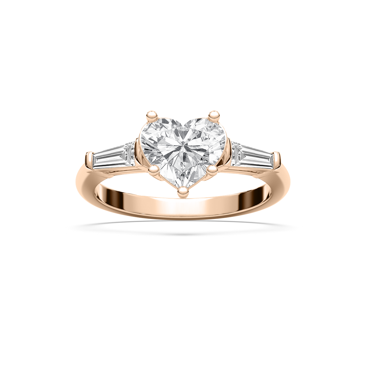 Justice Heart Lab Grown Diamond with Tapered Baguette Sides Three Stone Engagement Ring
